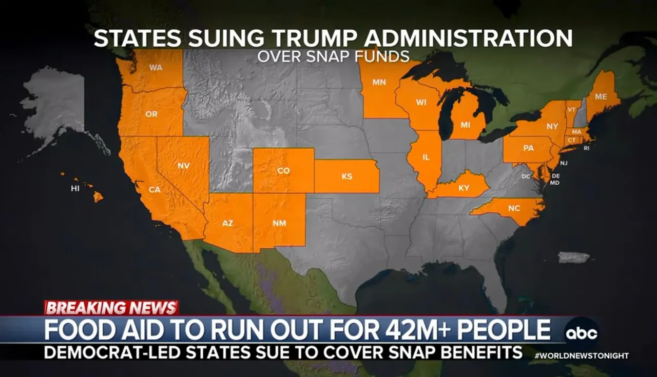 US Map showing 22 states suing Trump over SNAP.